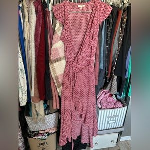 Red printed wrap hi-lo dress